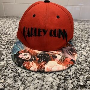 Harley Quinn Hat Cap Snap Back Red DC Comics Graphic Flat Brim Mens Six Flags